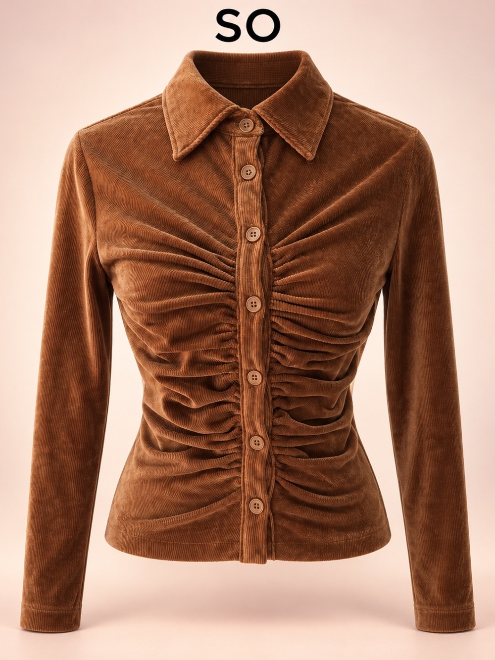 SO Brown Ruched Corduroy Button-Down Shirt